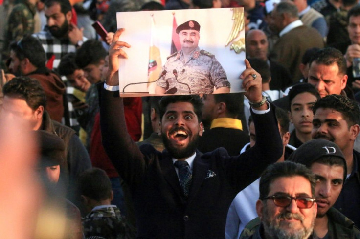 Supporters of Libyan military strongman Khalifa Haftar demonstrate in February against the Turkish military intervention in support of the Tripoli government