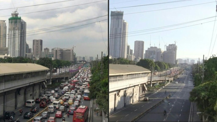 Then-and-now images show the effect of quarantine measures on the Philippines capital Manila, clearing its notorious traffic congestion and forcing churchgoers to stop attending religious services