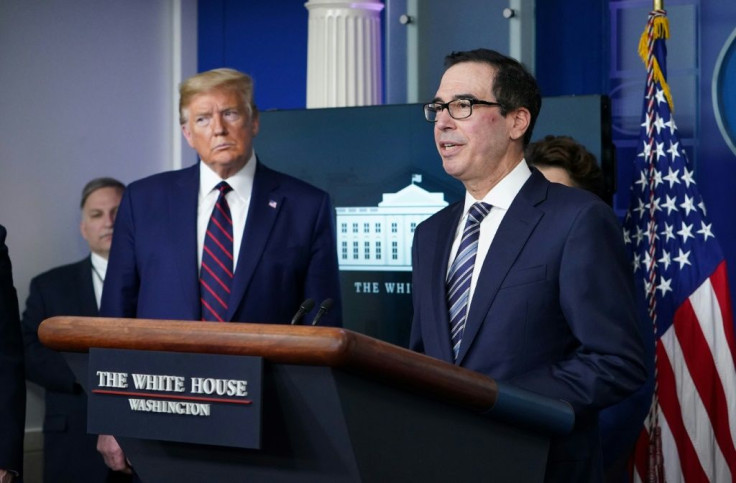 US Treasury Secretary Steven Mnuchin, shown during the White House virus press briefing on April 2, 2020, said the aid will begin but that not everyone would receive a loan immediately