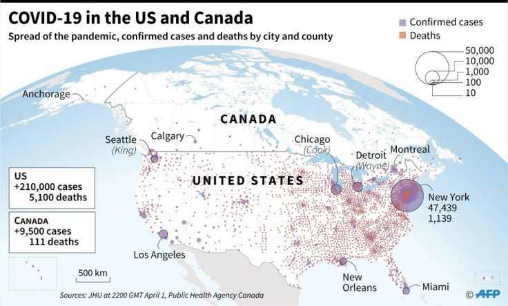 Map of the United States and Canada showing the distribution of coronavirus cases and deaths, as of April 2.