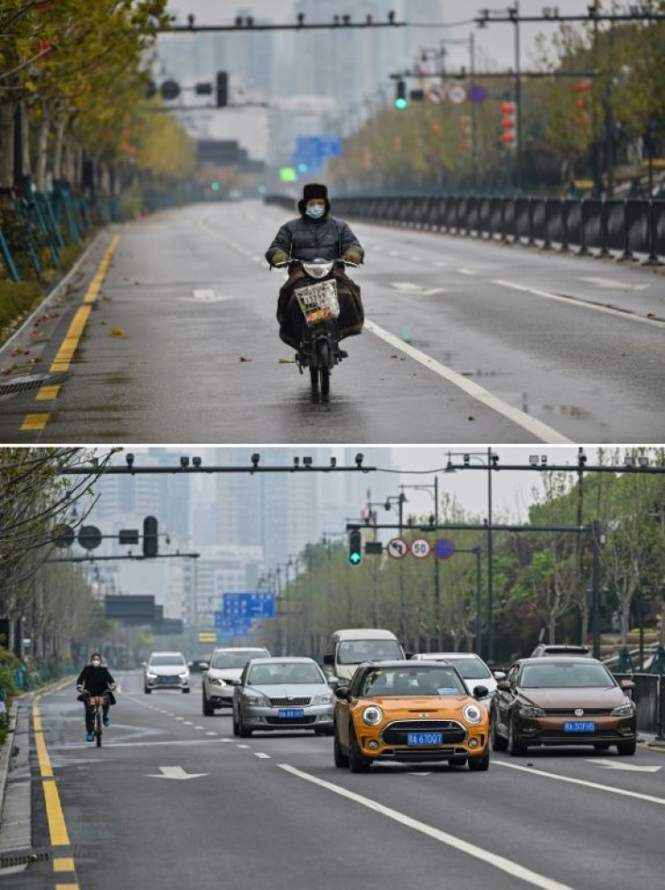 This combination of two pictures taken in Wuhan shows a man riding a motorcycle on a street on January 26, and motorists on the same street on April 1