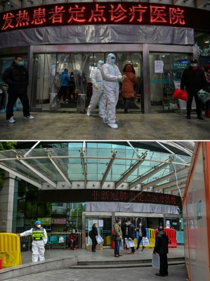 This combination of two pictures taken in Wuhan shows medical personnel wearing protective clothing outside the entrance to the Wuhan Red Cross Hospital on January 25 and the entrance to the same hospital on April 1