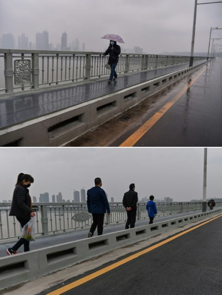 This combination of two pictures taken in Wuhan shows a man wearing a protective face mask walking on a bridge on January 25, and several people wearing face masks walking on the same bridge on April 2