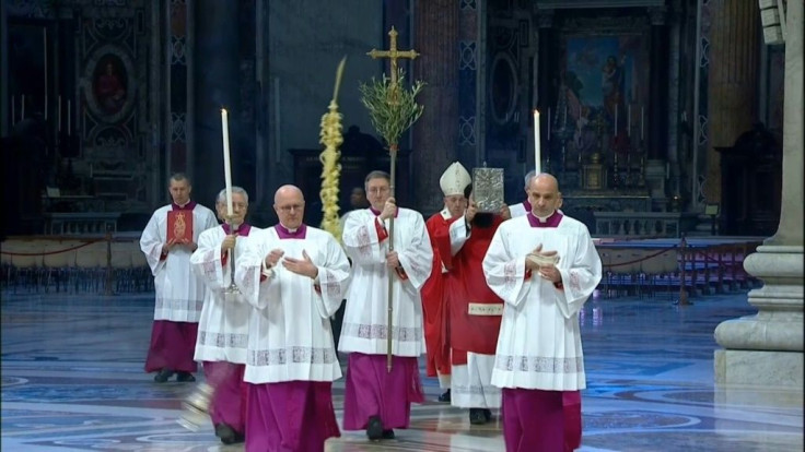 Pope Francis celebrates Palm Sunday behind closed doors in St. Peter's Basilica. The Basilica and St. Peter's Square are usually packed by Catholic faithful for Palm Sunday, but this year it is empty because of coronavirus containment measures.