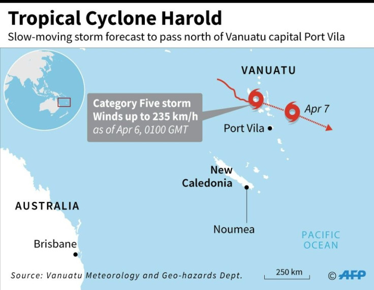 Map locating Tropical Cyclone Harold which intensified to a category five storm as it hit Vanuatu on Monday.