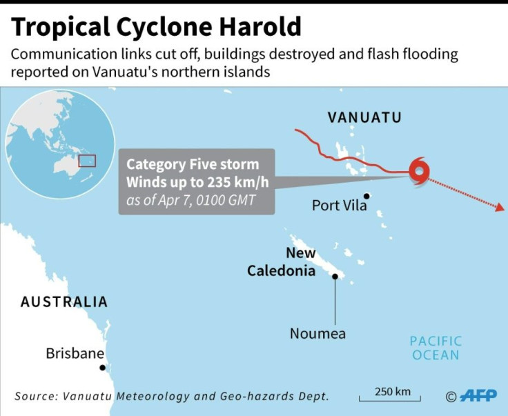 Map locating Tropical Cyclone Harold which swept through Vanuatu's northern provinces overnight on Tuesday as a scale-topping category five superstorm