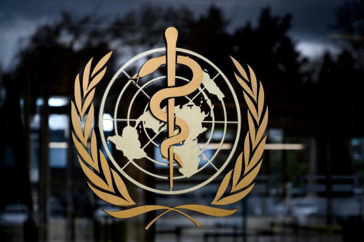 A picture taken on March 9, 2020 shows the sign of the World Health Organization (WHO) at the WHO headquarters in Geneva
