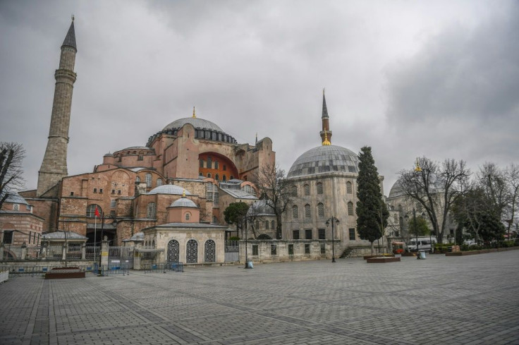 The square in front of the iconic Hagia Sophia in Istanbul is deserted with Turkish officials having repeatedly urged citizens to stay at home and respect social distancing rules -- but authorities have stopped short of a complete confinement