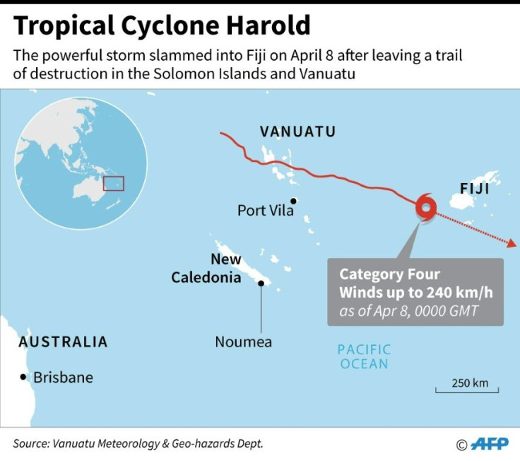 Map locating Tropical Cyclone Harold that slammed into Fiji on Wednesday, after leaving a trail of destruction in the Solomon Islands and Vanuatu