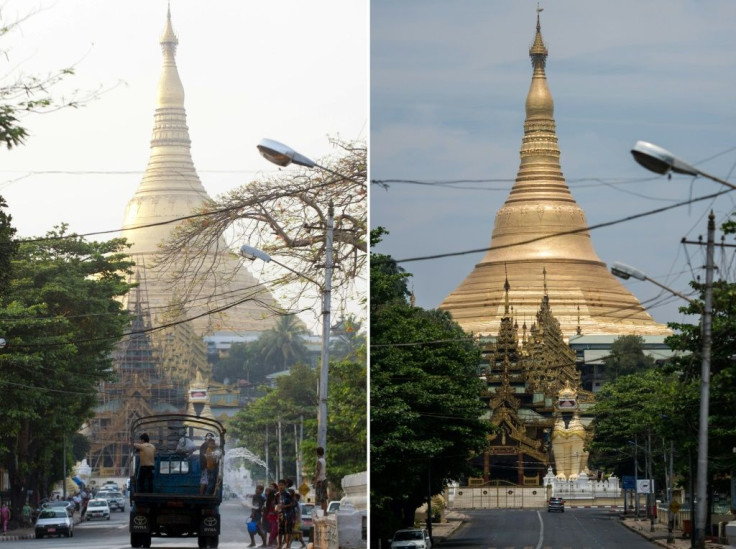 A combination photo  shows a street scene from  normal celebrations for Thingyan a few years ago compared to this year's festival
