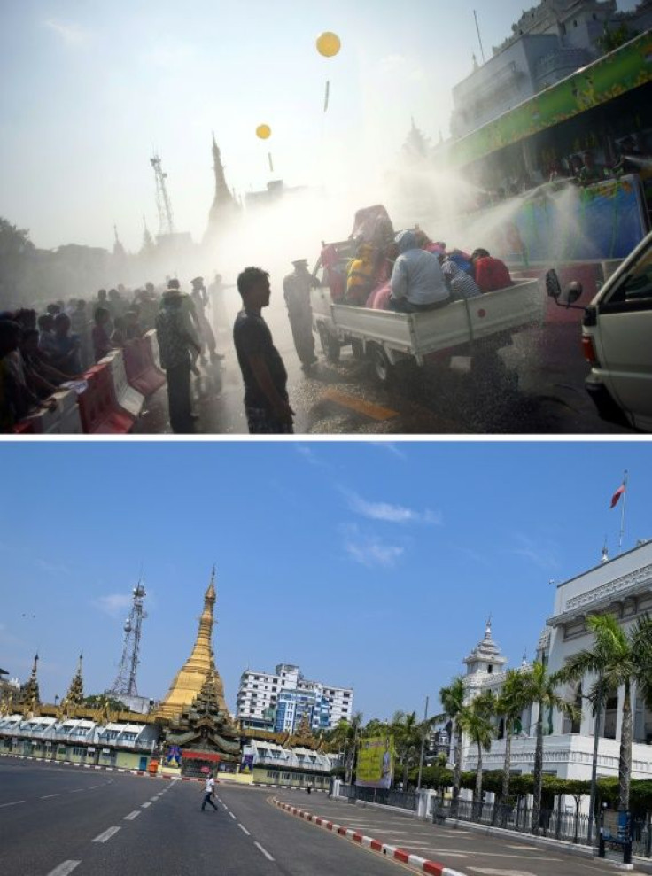 Yangon's streets are usually packed with revellers during the water festival, but this year everyone has been ordered to stay indoors because of the lockdown