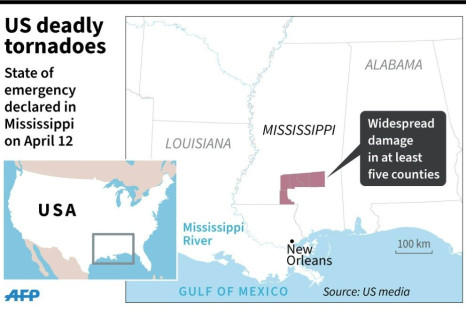 Map of the US state of Mississippi where least six people were killed in tornadoes on Sunday