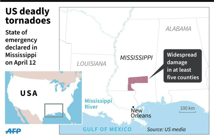 Map of the US state of Mississippi where least six people were killed in tornadoes on Sunday