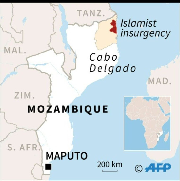 Map of Mozambique, showing districts of Cabo Delgado province affected by the Islamist insurgency