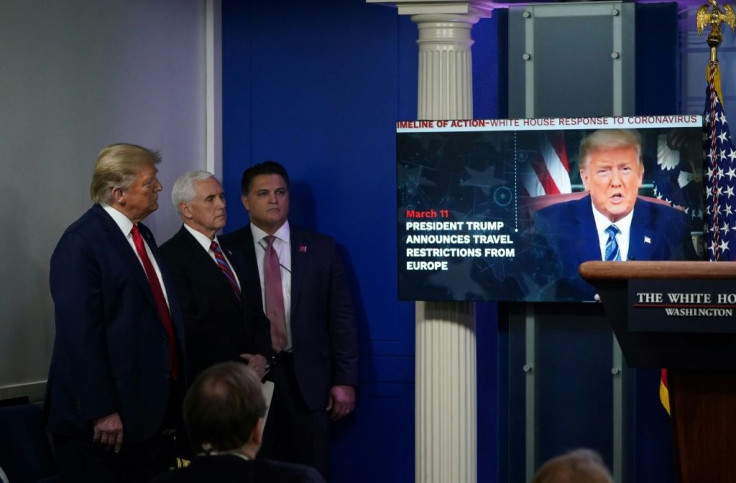 US President Donald Trump aired a self-congratulatory video on his handling of the coronavirus outbreak during his April 13, 2020 pandemic task force briefing at the White House