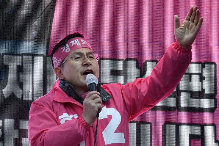 Hwang Kyo-ahn, a candidate from South Korea's main opposition United Future Party, speaks during a campaign ahead of the parliamentary elections