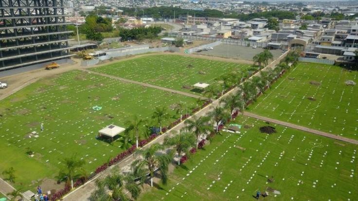 Aerial view of the Jardines de la Esperanza cemetery in Guayaquil, Ecuador, on April 12, 2020