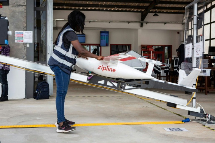 A drone operated by California startup Zipline preapres for delivery of medical supplies in Ghana in 2019. The company sees an opprortunity to offer similar services in the US as a result of the COVID-19 pandemic