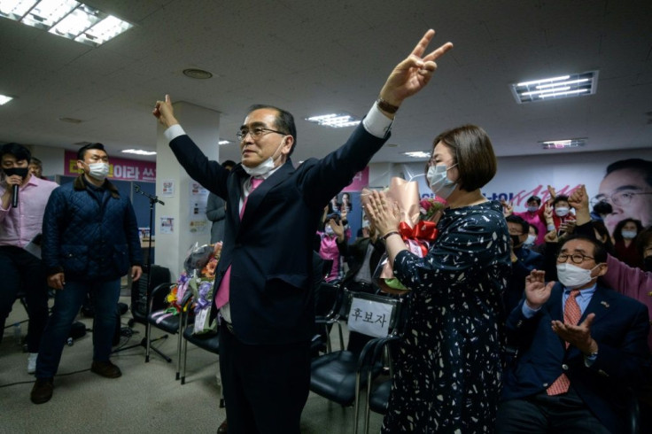 Defector and former North Korean diplomat Thae Yong Ho celebrates his election in the Gangnam constituency on behalf of the conservative United Future Party