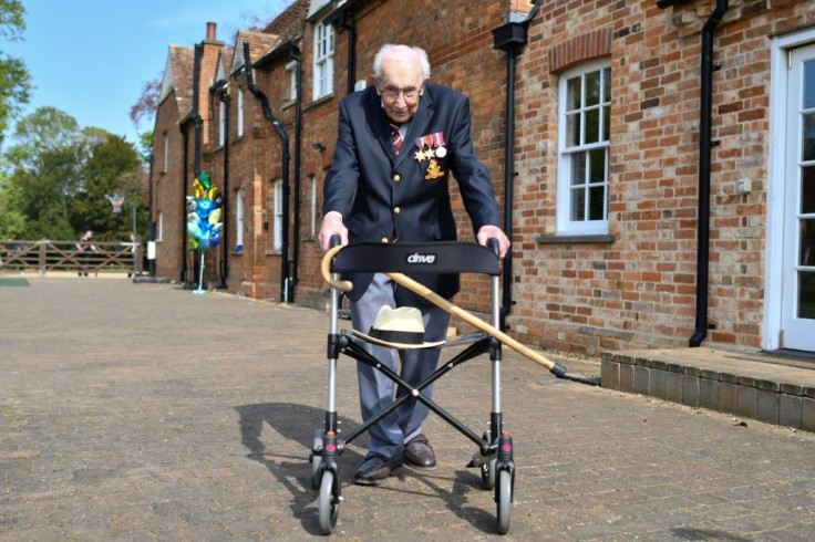 British World War II veteran Captain Tom Moore, 99, raised Â£12 million for the NHS walking laps of his garden with his walking frame