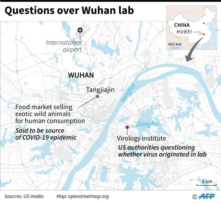 Map of Wuhan locating the virology institute and the food market selling wild animals for human consumption
