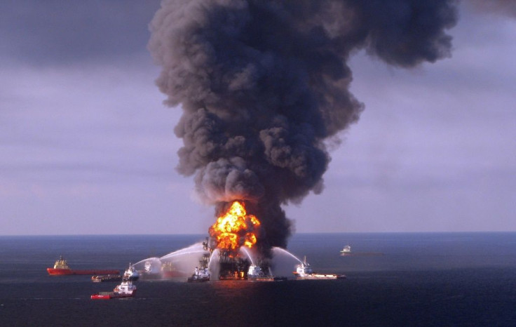 The Deepwater Horizon oil-drilling platform is shown in flames in the Gulf of Mexico two days after an explosion killed 11 workers on the rig