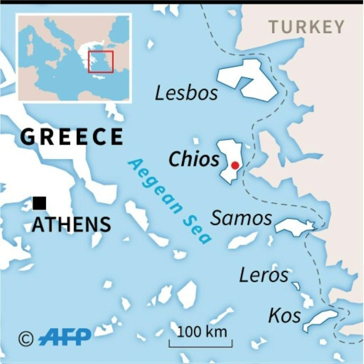 Map of the Aegean locating the Greek island of Chios and the Vial refugee camp, where a fire has caused extensive damage and left many homeless