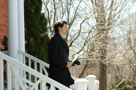 Canadian Prime Minister Justin Trudeau arrives at a news conference to comment on the shooting in Nova Scotia, on April 20, 2020 in Ottawa, Canada
