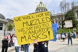 Hundreds of protesters take part in a "Reopen Pennsylvania" demonstration against coronavirus-related lockdowns in the state capital Harrisburg