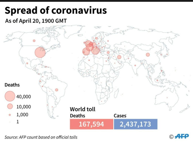 World map showing official number of coronavirus deaths per country, as of April 20 at 1900 GMT