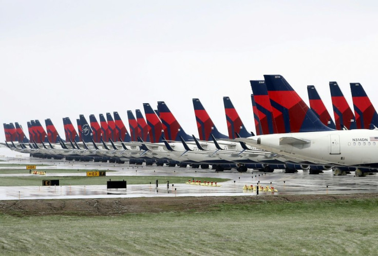 Planes belonging to Delta Air Lines sitting idle at Kansas City International Airport earlier this month