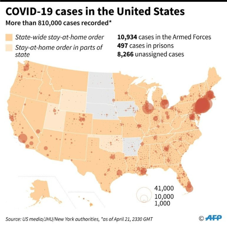 Map of the United States showing reported cases of COVID-19, as of April 21