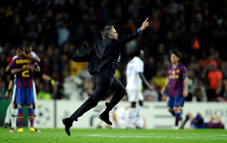 Jose Mourinho celebrated on the pitch at the Cam Nou after Inter Milan eliminated Barcelona in the 2010 Champions League semi-final
