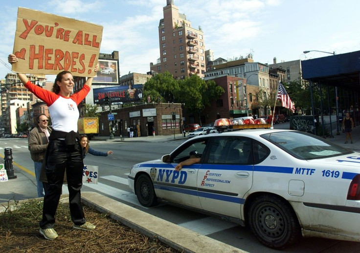 Kelly Del Ponti shows her support for rescue workers working at the site of the collapsed World Trade Center following the September 11, 2001 attacks