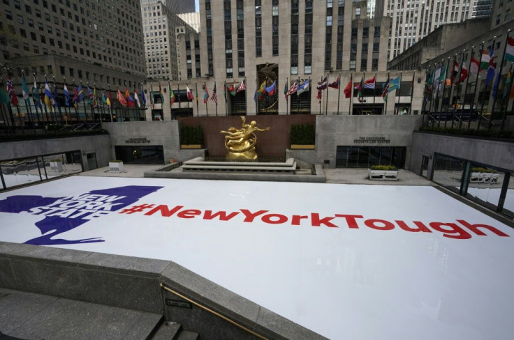 A "New York Tough" sign at Rockefeller Center Ice Rink in Manhattan, as the city contends with the deadly coronavirus pandemic