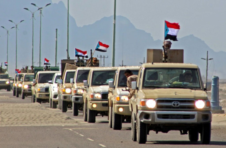 A convoy of Yemen's Security Belt Force, dominated by members of the the Southern Transitional Council, on patrol between Aden and Abyan province late last year