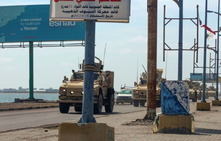 Saudi military vehicles patrol in Aden. The Saudi-led military coalition has rejected the separatists' declaration of self-rule in the south
