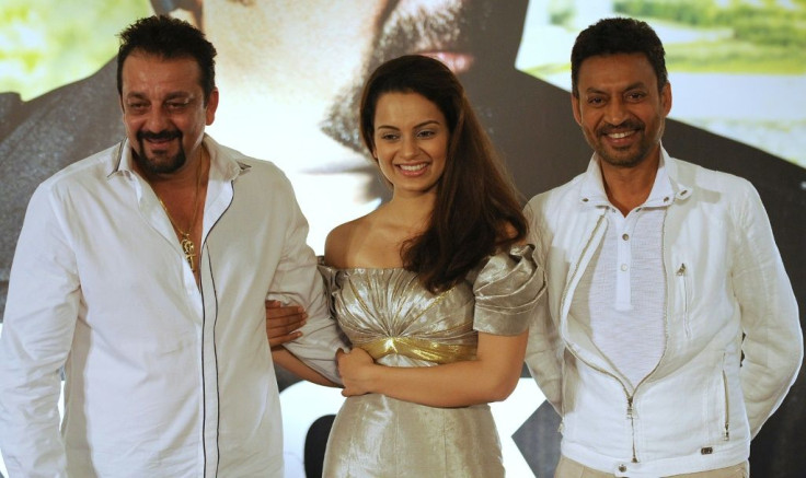 Irrfan Khan (right) with fellow actors Sanjay Dutt (left) and Kangana Ranaut