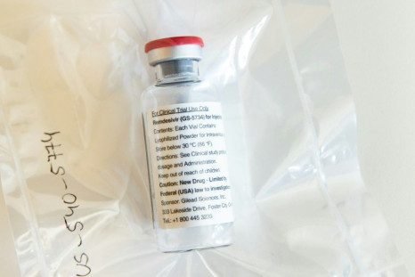 A vial of the drug Remdesivir is viewed during a press conference