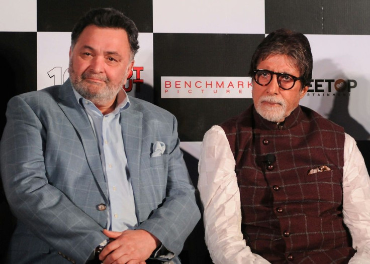 Rishi Kapoor (left) with fellow Bollywood royalty Amitabh Bachchan at a promotion event for their film "102 Not Out" in 2018