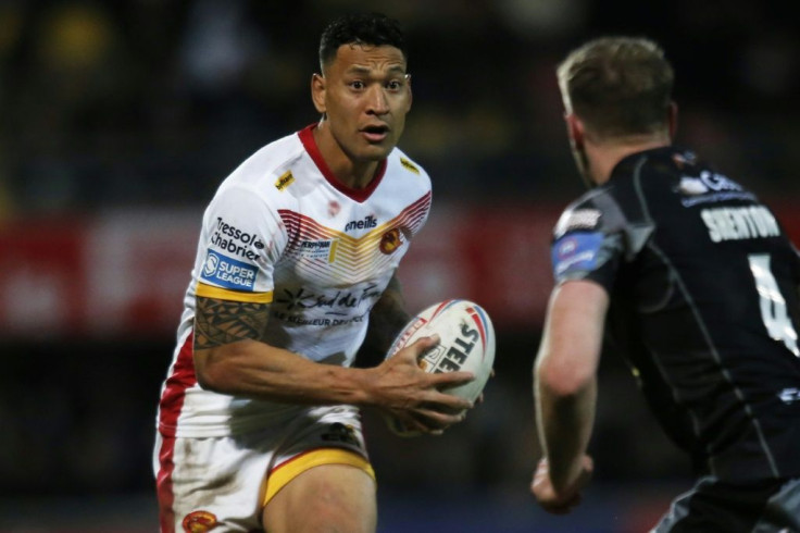 Catalans Dragons' Israel Folau runs with the ball against Castleford