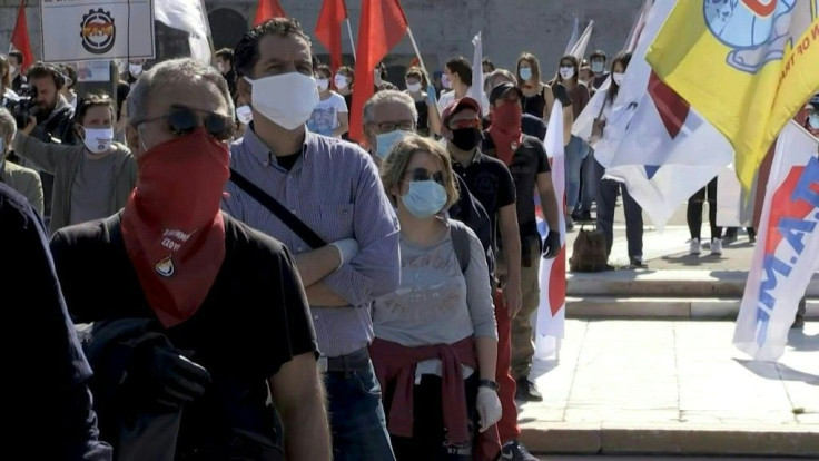 Workers marked May Day in Athens with masks, gloves and "strict" adherence to spacing regulations