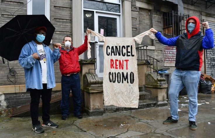 Crown Heights building tenants Jose Sanchez, Sean Reilly and Stephen Henderson participated in a May Day rent strike urging housing payment freezes for the duration of the coronavirus pandemic