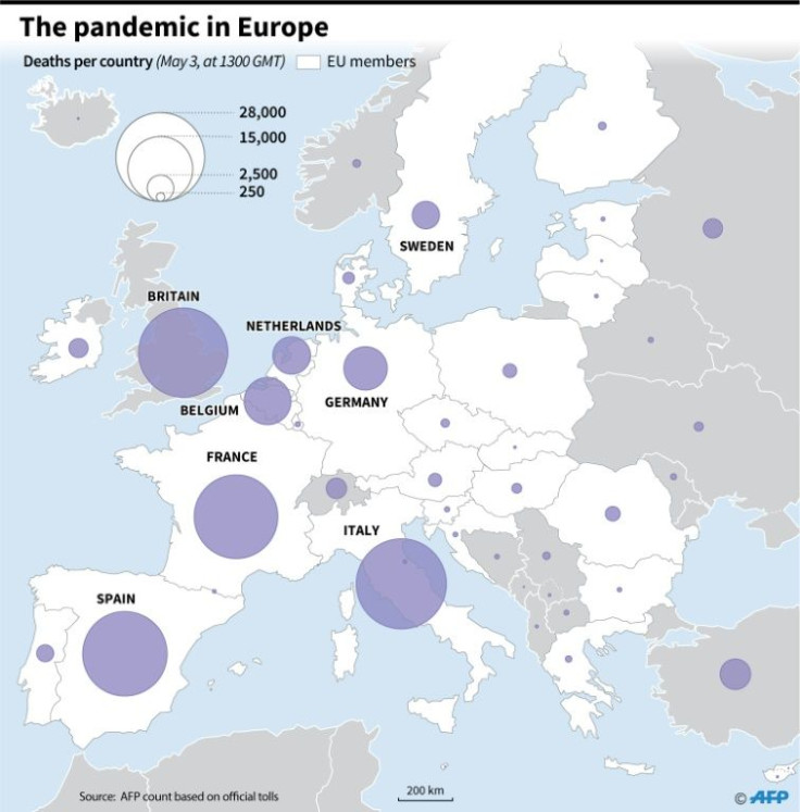 Map  of Europe showing COVID-19 deaths per country.