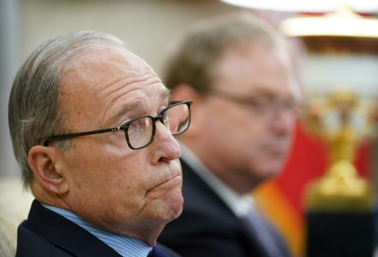 Larry Kudlow, director of the National Economic Council, looks on during an April 28, 2020 meeting in the White House Oval Office