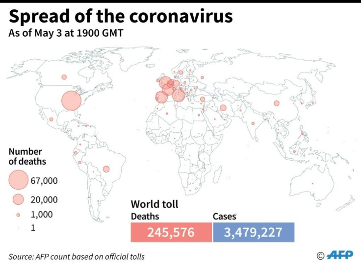 World map showing official number of coronavirus deaths per country, as of May 3 at 1900 GMT