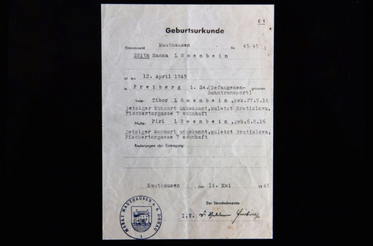 A copy of the birth certificate of Holocaust survivor Hana Berger Moran whose mother was pregnant when she was deported from Czechoslovakia