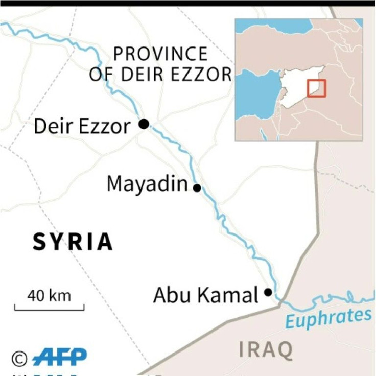 Map locating Mayadin in eastern Syria, near where overnight strikes on positions held by Iranian-backed militias and their allies killed 14 fighters