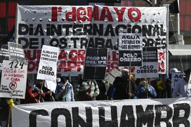Argentine workers march in a May Day demonstration in Buenos Aires