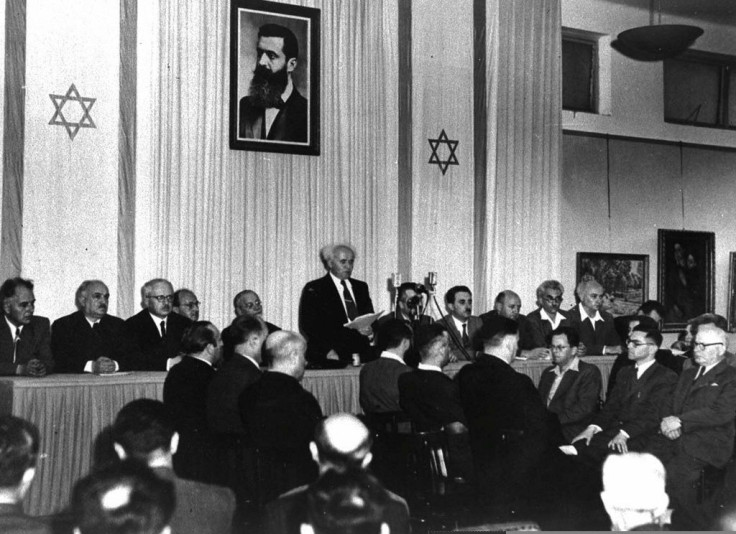 On May 14, 1948, Israeli Prime Minister David Ben Gurion reads Israel's declaration of independence in Tel Aviv
